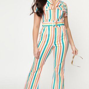 Unique Vintage Pants Jumpsuits Rainbow Zigzag Stripe Flare